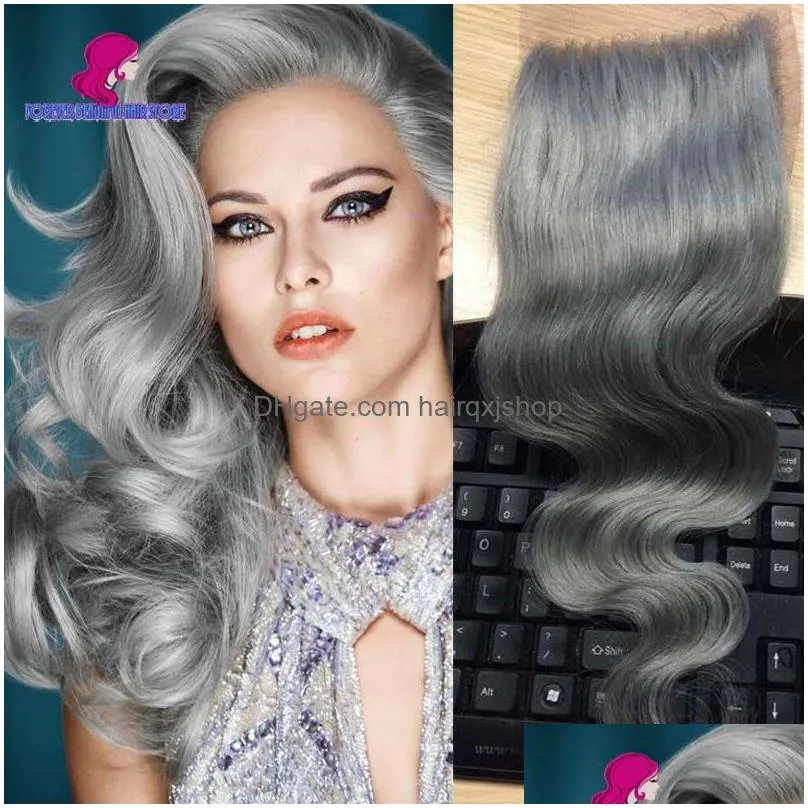 closures 4x4inch 10 20 peruvian human hair brazilian body wave pure silver grey human hair top closure bleached knots fast