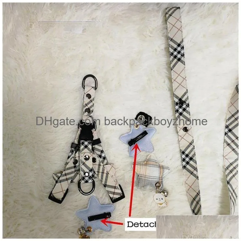 luxury dog collars leashes set designer dog harnesses plaid pattern pet collar and pets chain for small large dogs chihuahua poodle corgi pug french bulldog cream