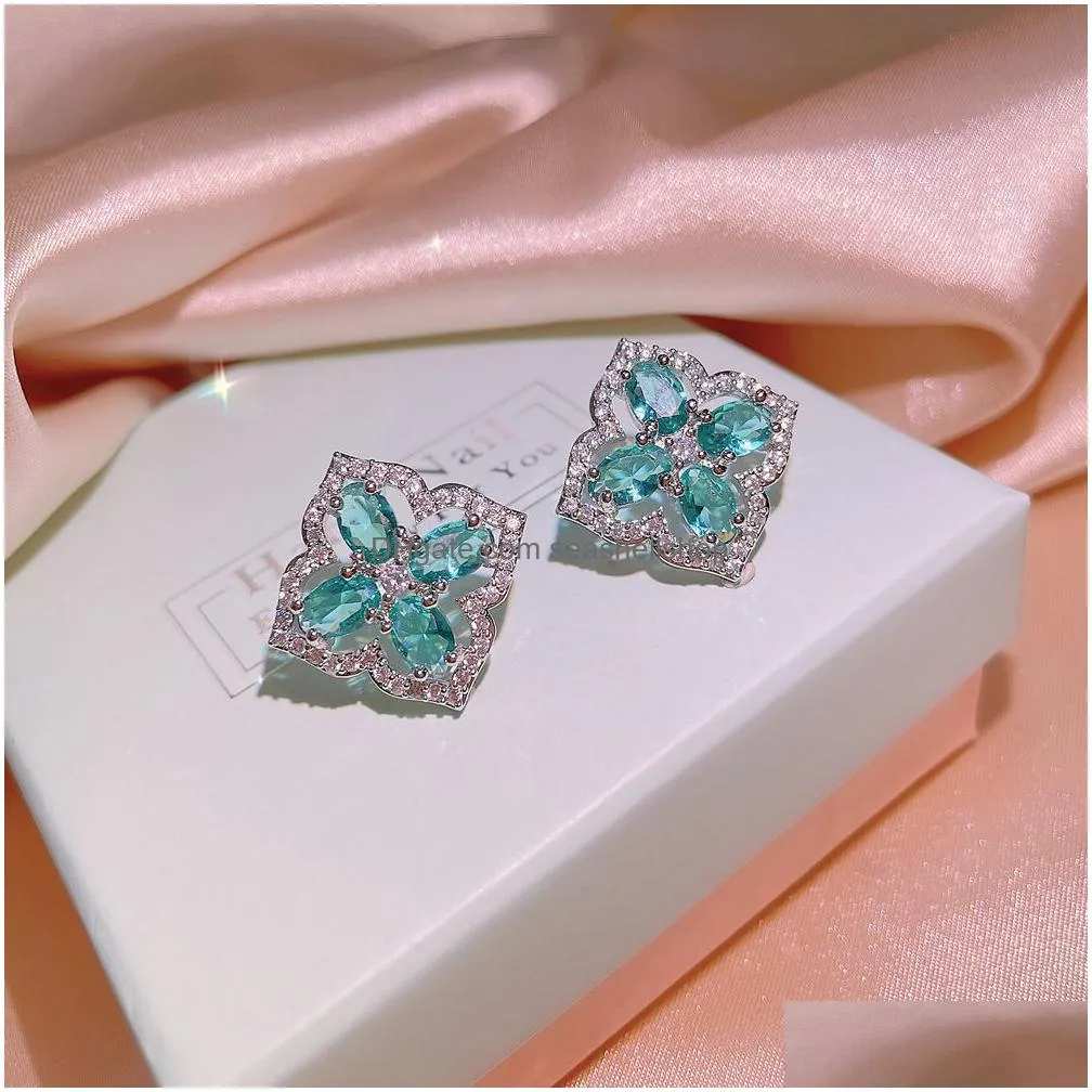 925 sterling silver heart love stud earrings for women 18k rose gold shining square elegant crystal blue diamond ear rings designer earring jewelry for