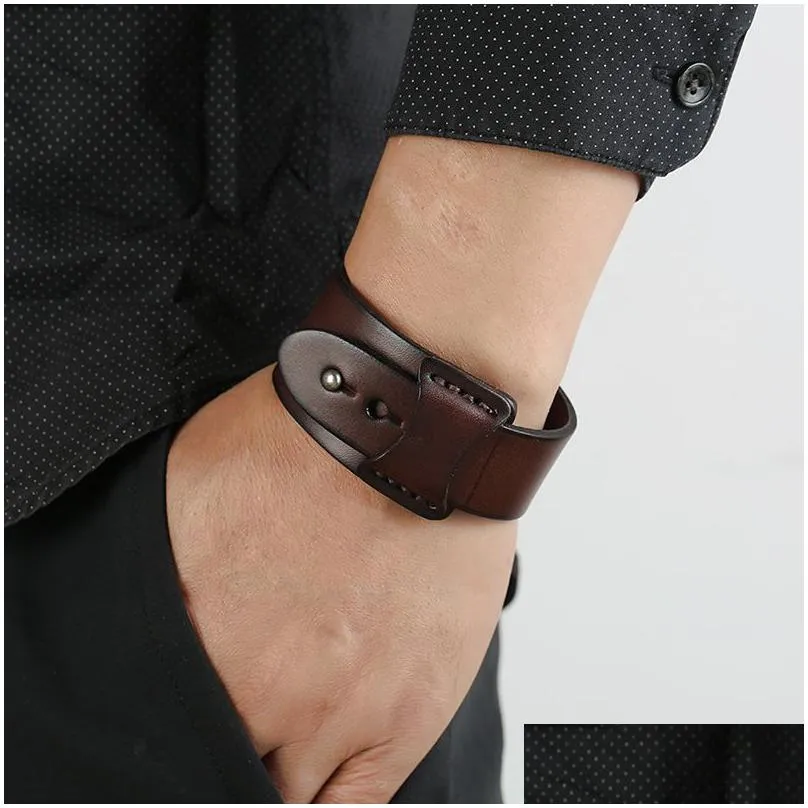 punk black wide leather bracelet bangle cuff exotic wristband for men fashion jewelry