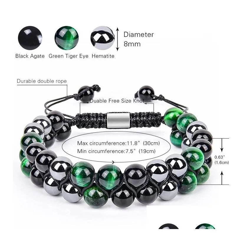hand braided 8mm black onyx hematite green tiger eye stone bracelet double woven adjustable gemstone beaded bracelet
