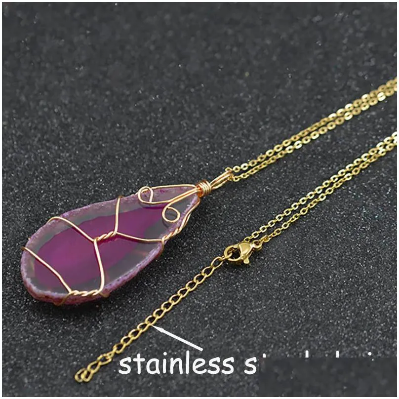 gold wire wrap irregular semi-precious stone agate necklace pendant stainless steel chain necklaces for women men fine fashion jewelry