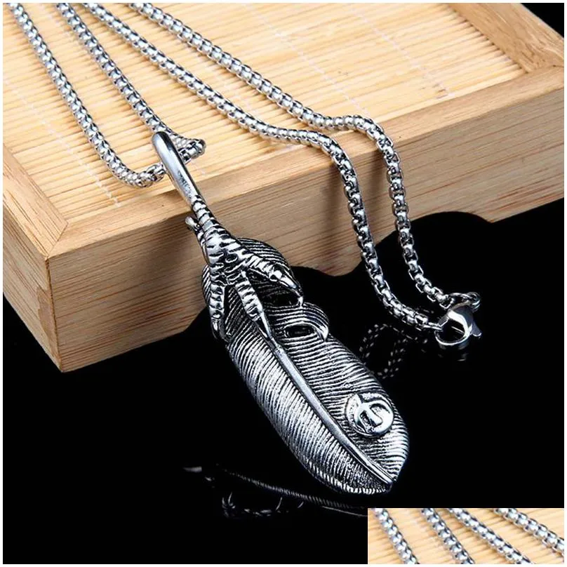 punk  claw feather necklaces pendant stainless steel ancient silver necklace women men nightclub hip hop fashion fine jewelry