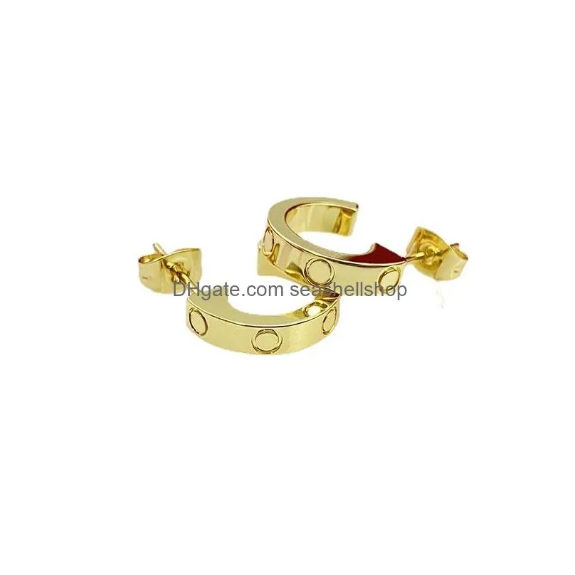 luxury brand designer stainless steel stud earrings for women love c shape hollow 18k gold bling diamond ear rings with shining crystal party wedding