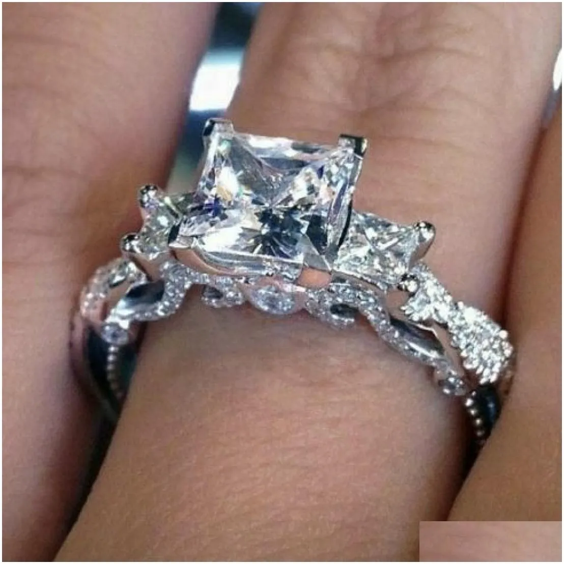 now 925 sterling silver engagement wedding bride jewelry luxury 2ct princess-cut square diamond ring women three side stone cz ring