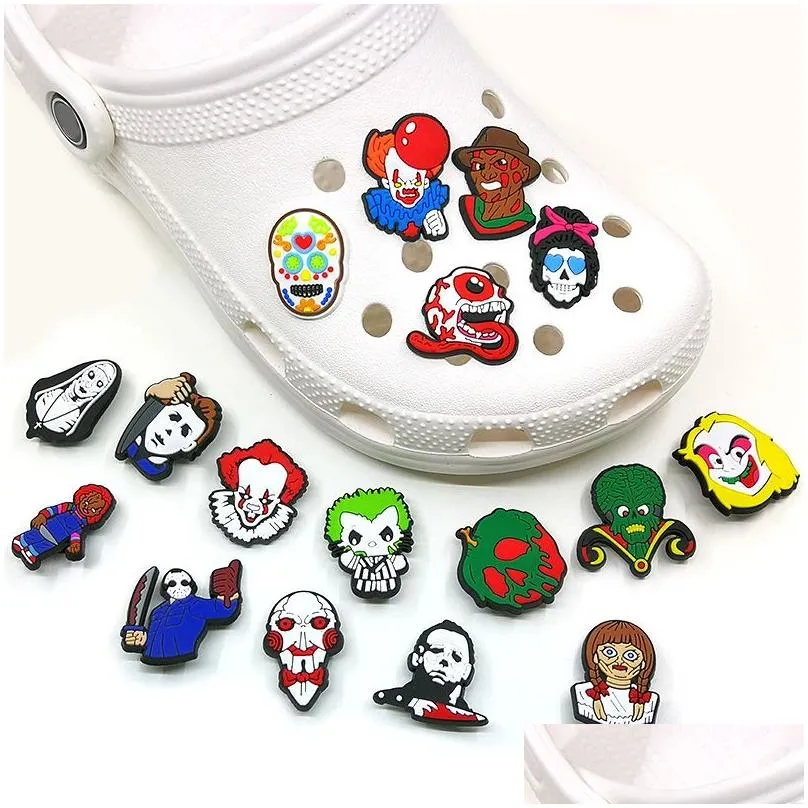 halloween moq 1000pcs wholesale clog charms 2d soft pvc horrible movies shoe accessories clog shoe buckles decorations fit kid bracelets sandals party