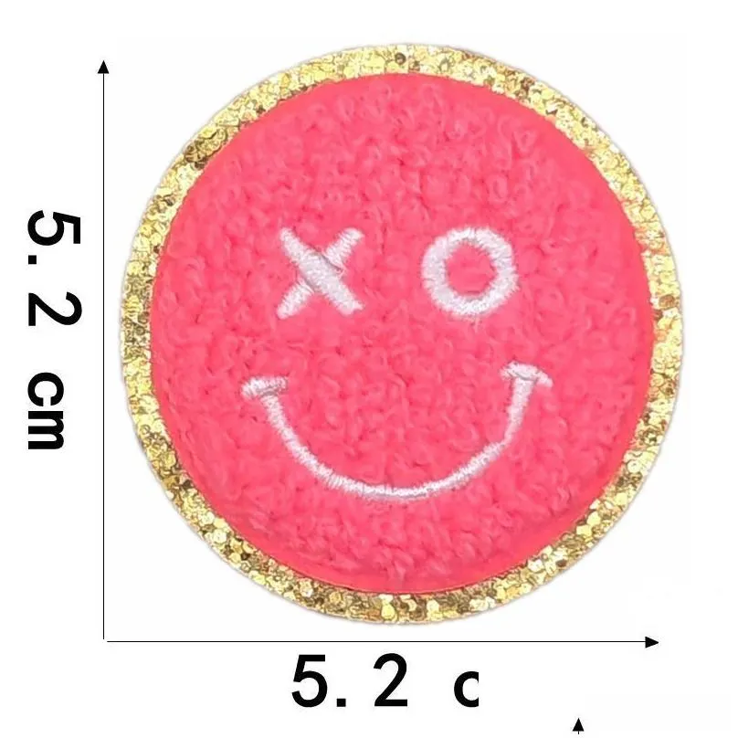smile face iron on sewing notion cute iron ones 2 inch glitter chenille preppy happy face applique for hats t-shirt backpack jeckets clothes diy