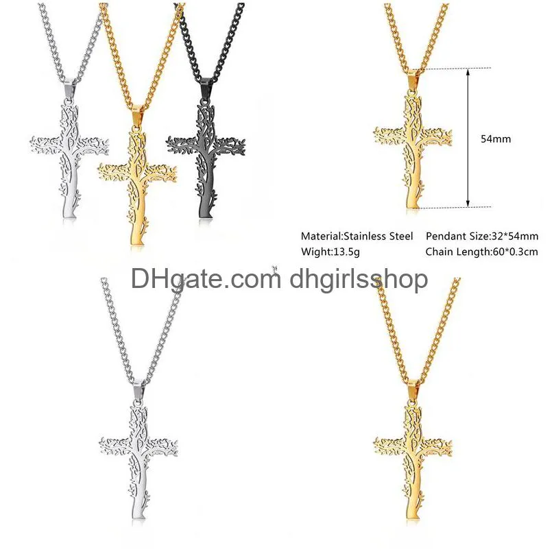 tree of life cross pendant necklaces men religion faith crucifix charm decoration chain for women jewelry gift