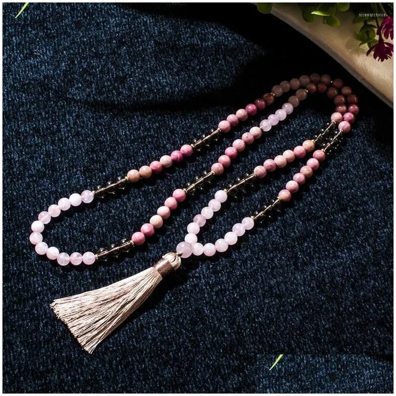 pendant necklaces 8mm rhododenite rose quartz beaded 108 mala necklace meditation yoga prayer japamala suit tassel for women