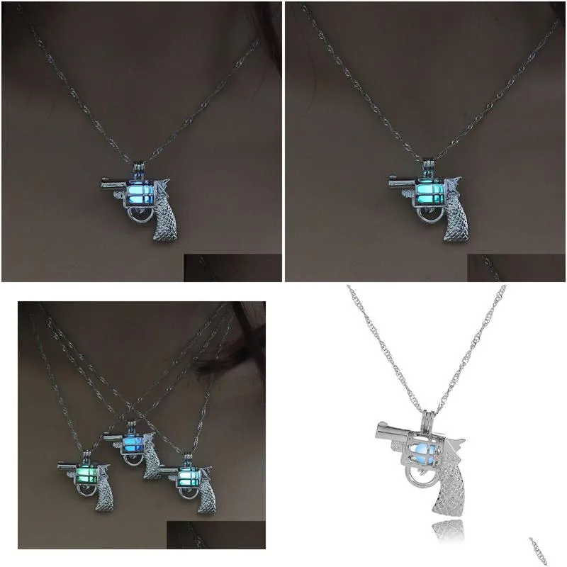 update luminous beads gun necklaces glowing in dark hollow guns necklace silver pendant lockets chains fashion jewelry for women