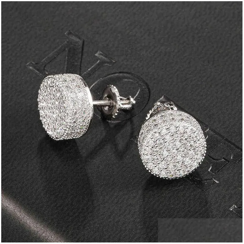 hip hop 1pair micro full paved round zircon cz stone bling iced out stud earring copper earrings for men jewelry 220125