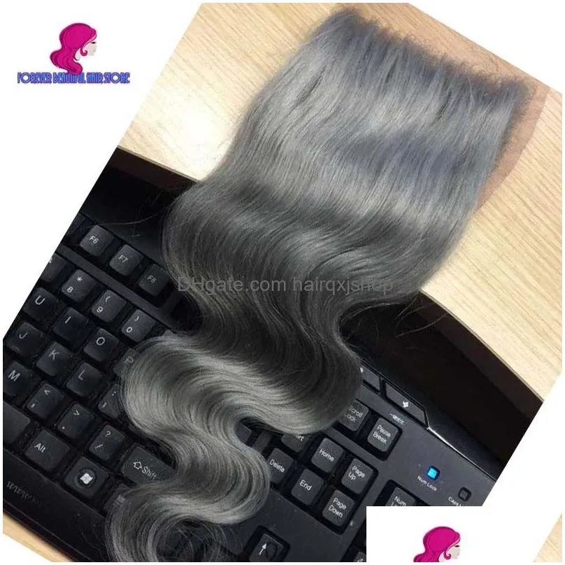 closures 4x4inch 10 20 peruvian human hair brazilian body wave pure silver grey human hair top closure bleached knots fast