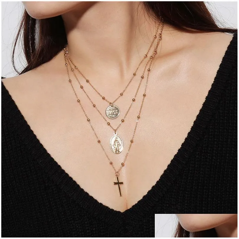 fashion silver gold beads sequins multilayer necklace metal cross pendant chokers necklaces for women jewelry will and sandy