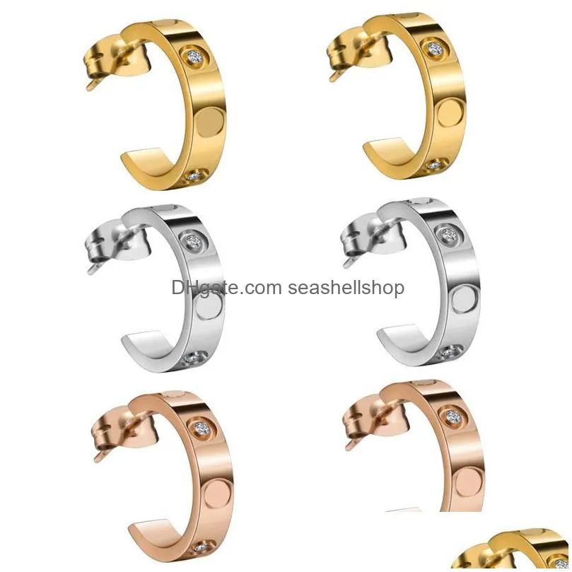 luxury brand designer stainless steel stud earrings for women love c shape hollow 18k gold bling diamond ear rings with shining crystal party wedding