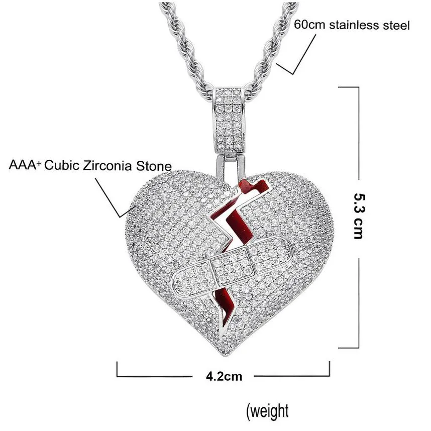 18k gold broken heart necklace hip hop copper cubic zircon jewelry set 60cm chains combination joint hearts pendant diamond iced out necklaces for women