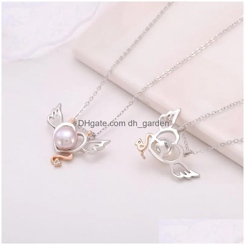 simple heart-shaped angel pearl pendant necklace female s925 pure silver delicate diy empty bracket mount clavicle chain accessories