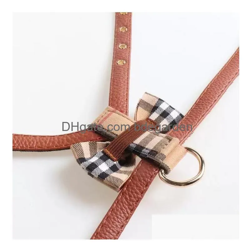 fashion british style plaid pattern dog harness and leashes set for small medium dogs pull adjustable designer dog harnesses with bow vest classic pet collars