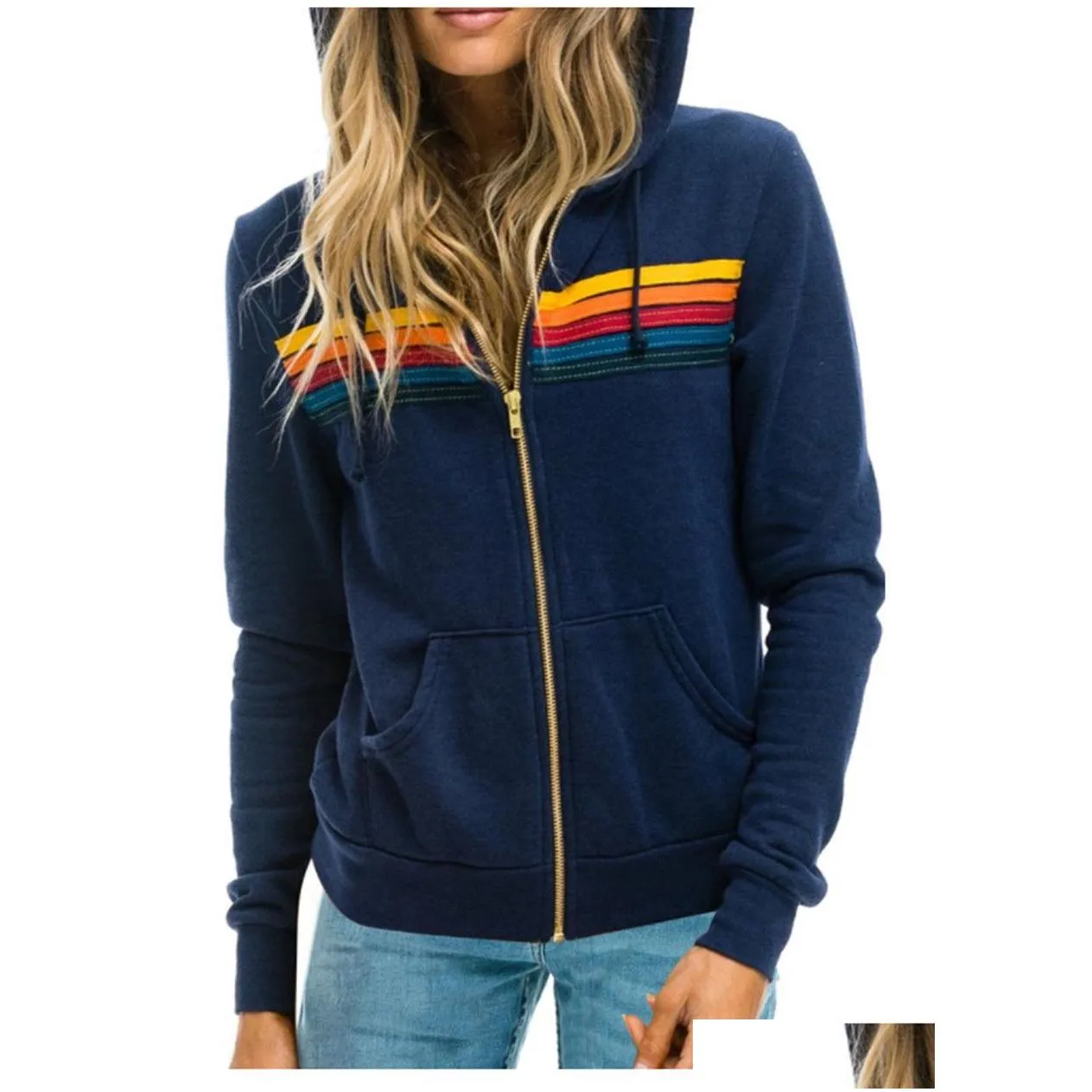 designers hoodie hooded sweatshirt womens hoodies sweatshirts women fashion hoody oversized rainbow stripe long sleeve sweatshirts zipper pocket coat