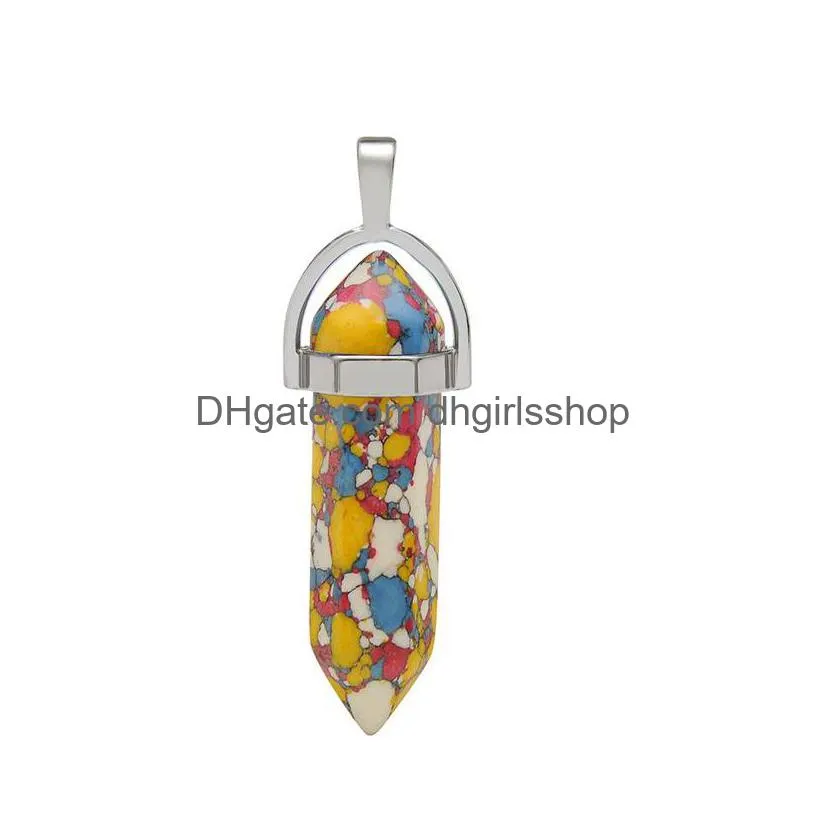 natural crystal stone pendant necklace hand carved creative hexagonal column gemstone necklaces fashion accessory with chain