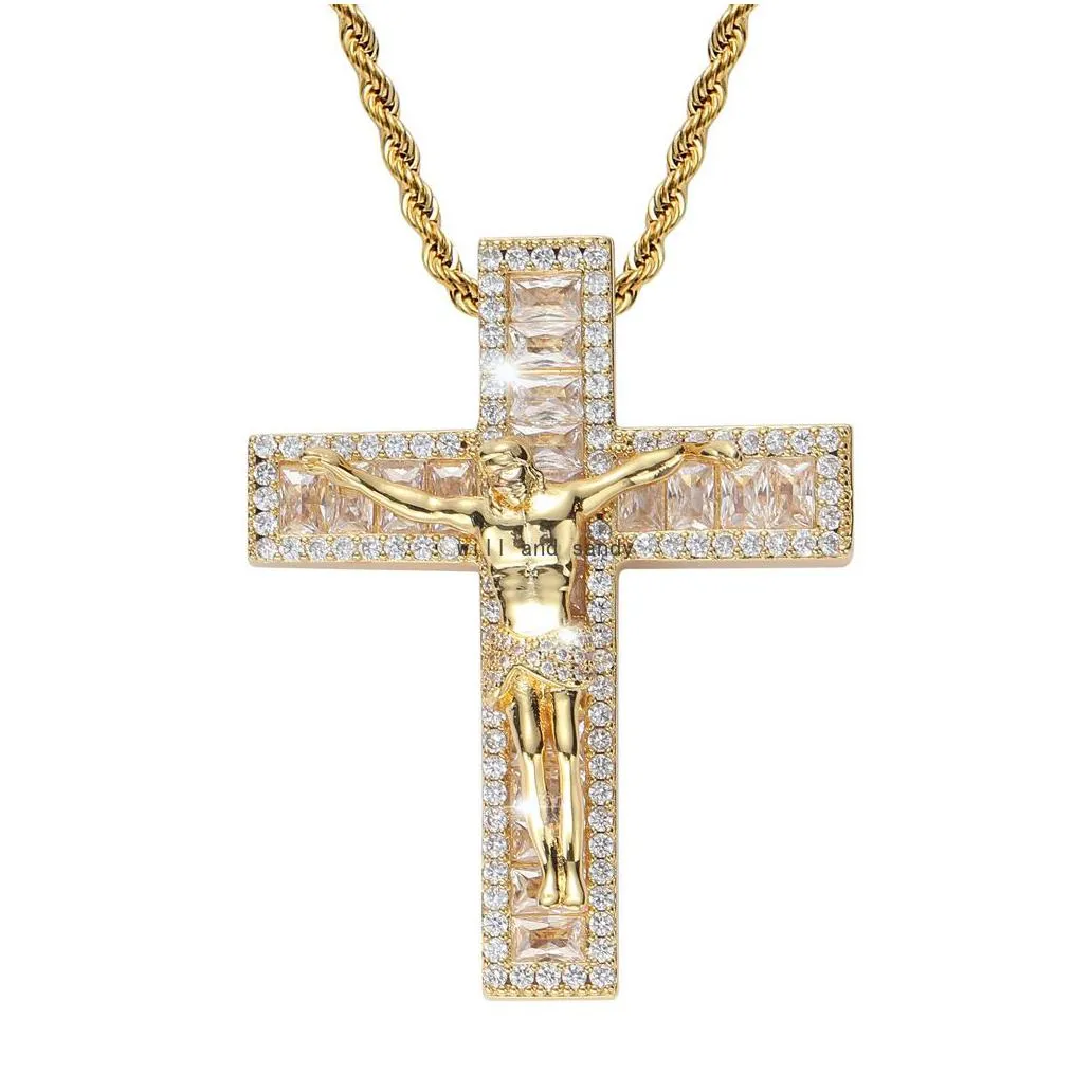 bling drop cubic zircon jesus cross necklace jewelry set diamond hip hop 18k gold drop crosses crown pendant necklaces women men fashion will and sandy