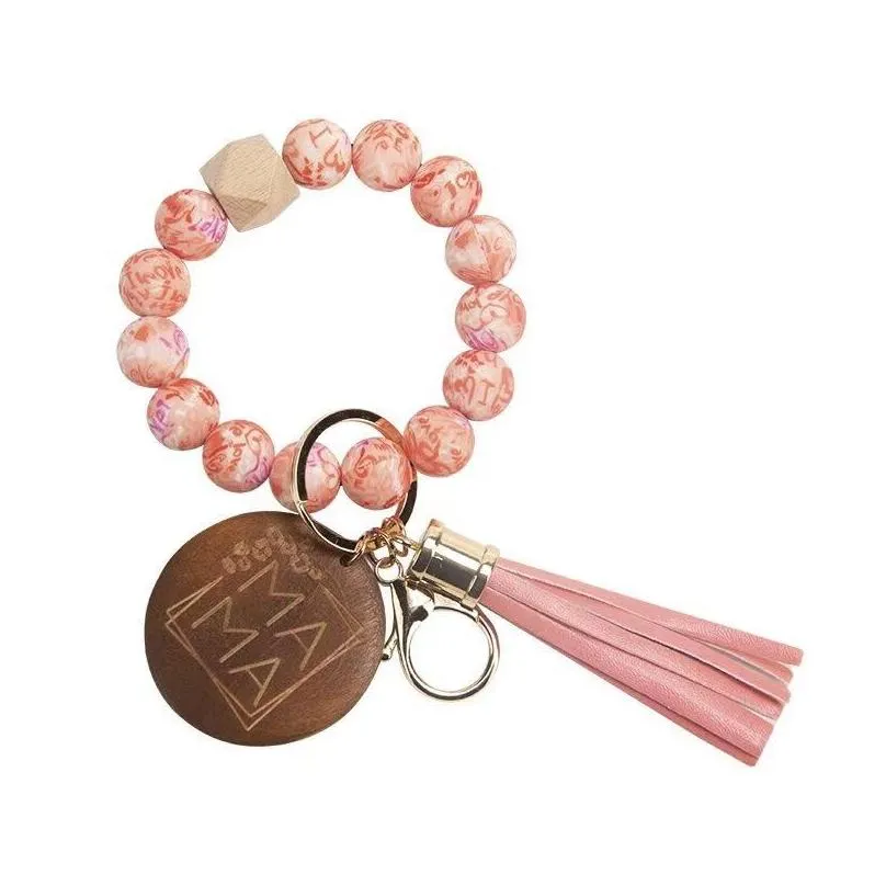 wholesale silicone beaded bracelet pendant keychain wristlet key ring bangle chains for mother day with leather tassel sublimation