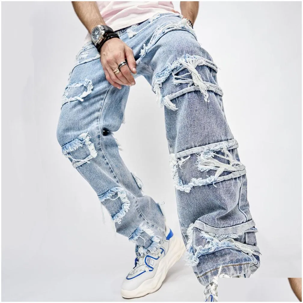 mens stacked jeans distressed destroyed straight denim pants streetwear clothes casual jean