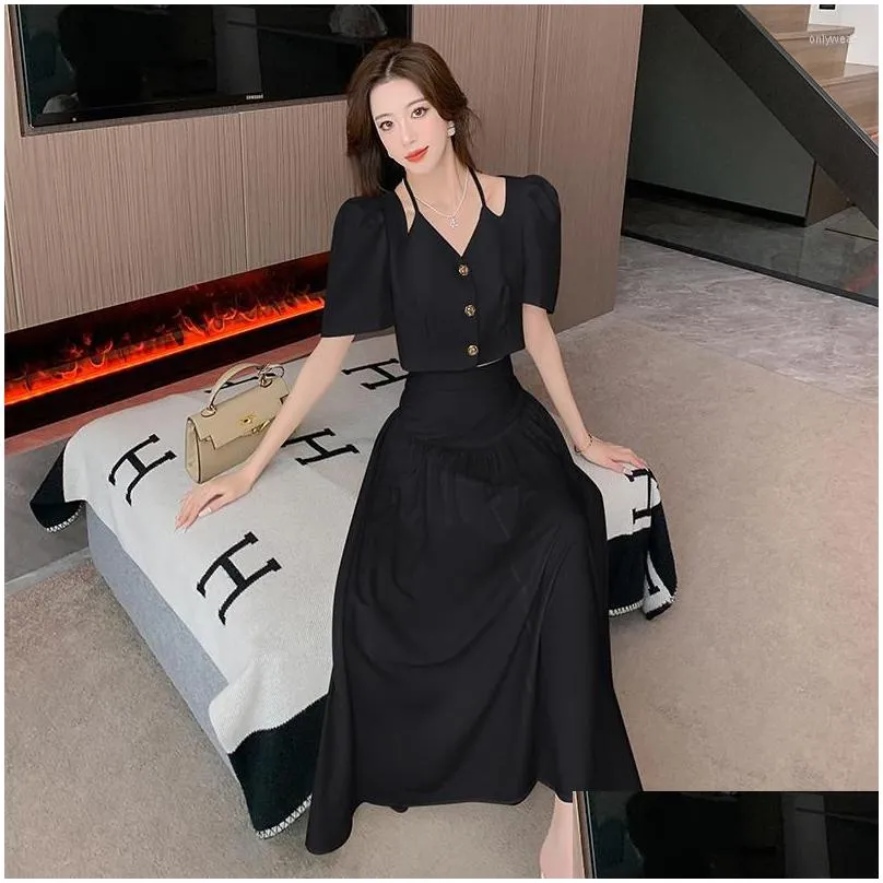 work dresses small fragrant french halter puff sleeve single breasted shirt high waist midi length skirt two piece set women outfit