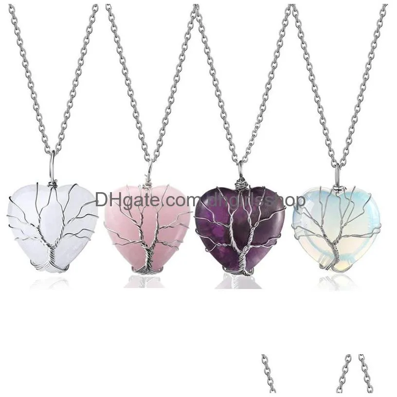 natural crystal pendant necklace tree of life heart necklace fashion accessories christmas gift with chain