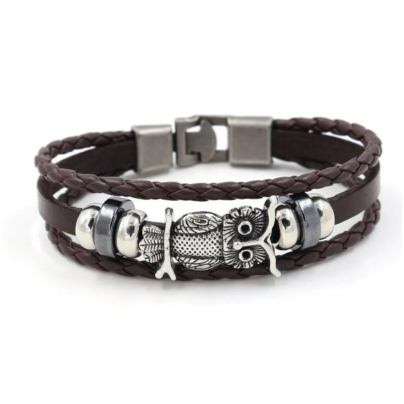 update owl ancient silver bracelet weave multilayer wrap leather bracelets bangle cuff wristband for women men fashion jewelry black brown will and