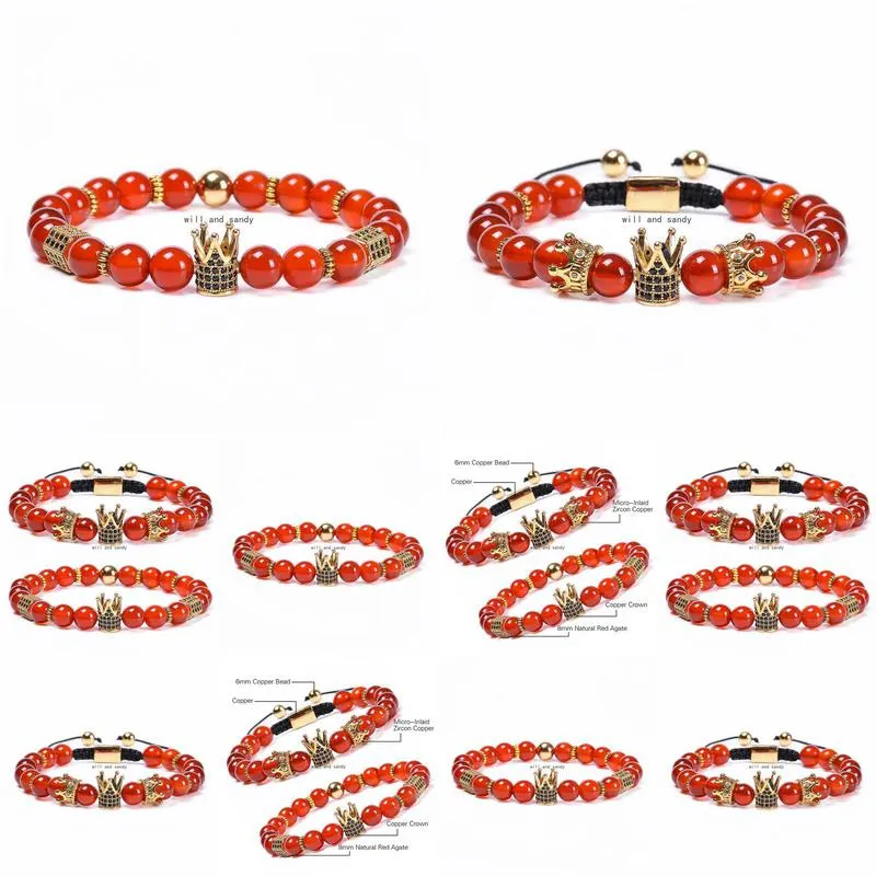 copper micro-inlaid zircon crown bracelets braided natural stone red agate bracelet bead adjustable strand bracelet for women men fashion jewelry will and