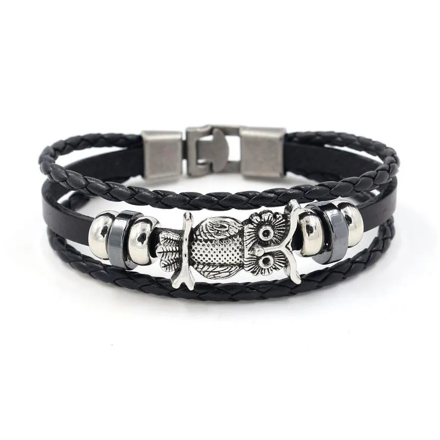 update owl ancient silver bracelet weave multilayer wrap leather bracelets bangle cuff wristband for women men fashion jewelry black brown will and