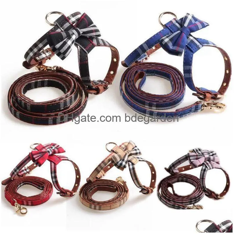 fashion british style plaid pattern dog harness and leashes set for small medium dogs pull adjustable designer dog harnesses with bow vest classic pet collars