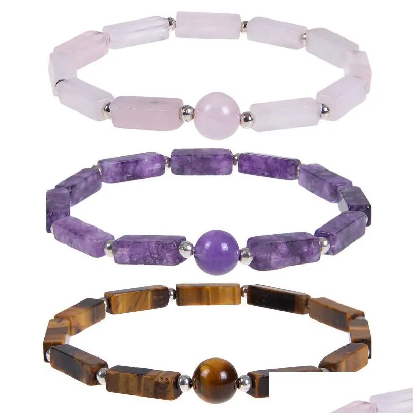 natural stone amethyst bracelet long square gemstones healing crystal stretch beaded gem stone bracelets fashion jewelry