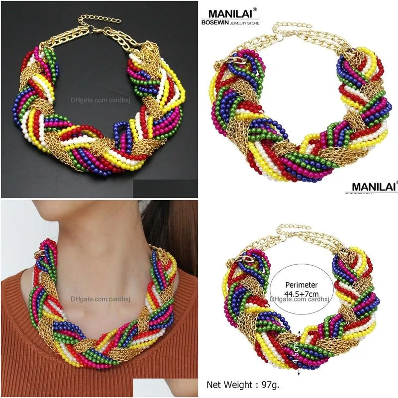 manilai multi layer simulated pearl statement chokers necklaces for women handmade woven chain multicolor beaded chunky