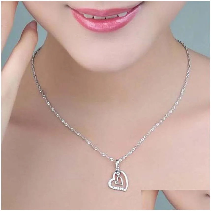 fashion diamond heart necklace double hearts pendant necklaces chain women children jewelry engagement wed gift will and sandy