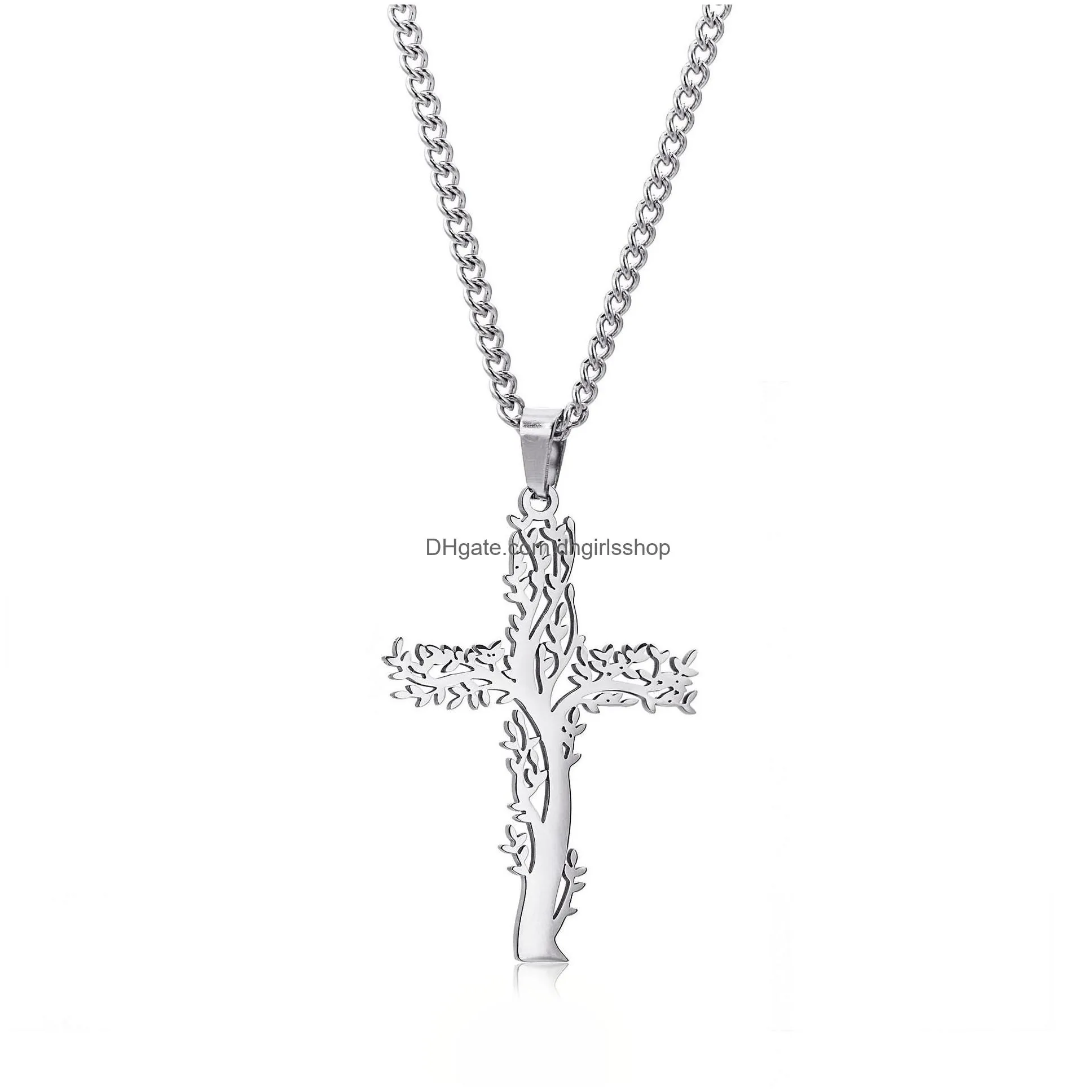 tree of life cross pendant necklaces men religion faith crucifix charm decoration chain for women jewelry gift
