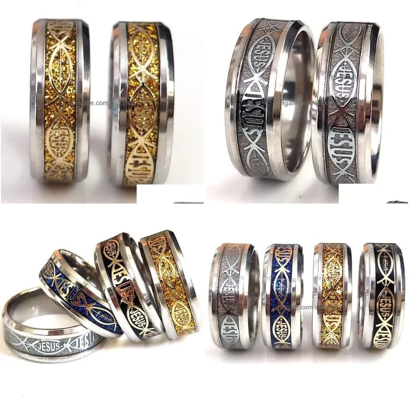 band rings bulk lots 50pcs quality comfort fit jesus fish stainless steel religious ring 8mm men fashion jewelry 230225