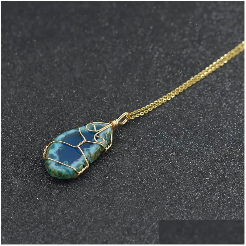 gold wire wrap irregular semi-precious stone agate necklace pendant stainless steel chain necklaces for women men fine fashion jewelry