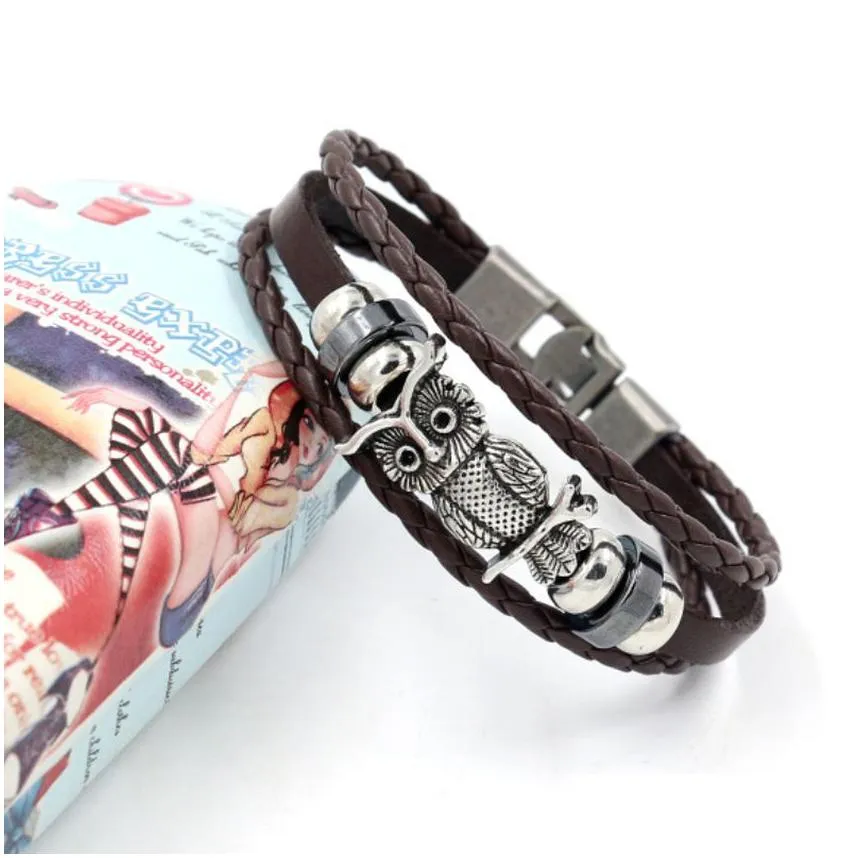 update owl ancient silver bracelet weave multilayer wrap leather bracelets bangle cuff wristband for women men fashion jewelry black brown will and