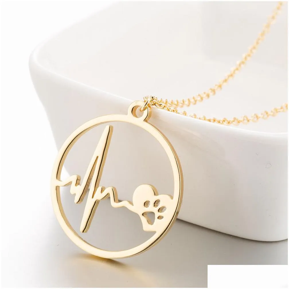 round stainless steel heartbeat necklace chains gold ring paw heart beat pendant necklaces for women men fashion jewelry