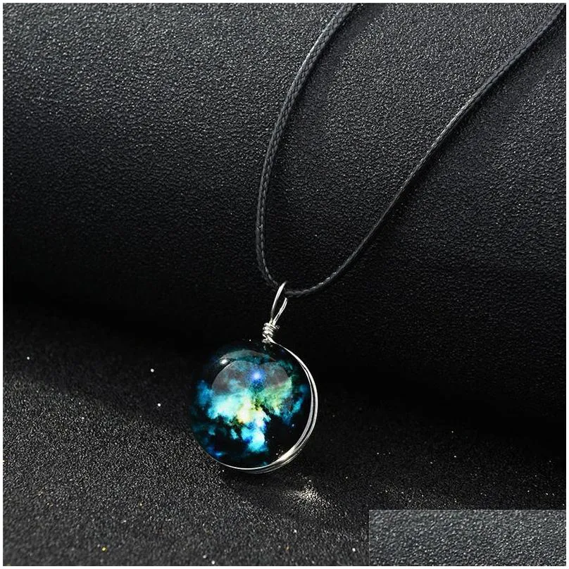 luminous glow in the dark galaxy universe necklace star moon glass cabochon necklaces pendants fashion hip hop jewelry drop ship