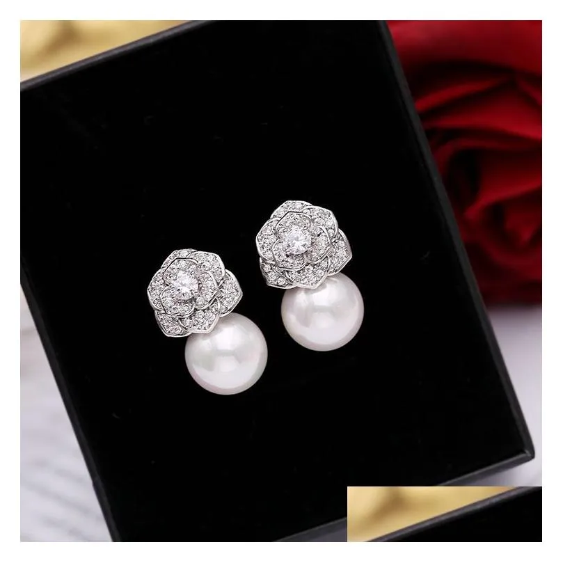 lovely diamond zircon camillia flower pearl stud earrings for woman girls super glittering ins fashion luxury designer 925 silver post