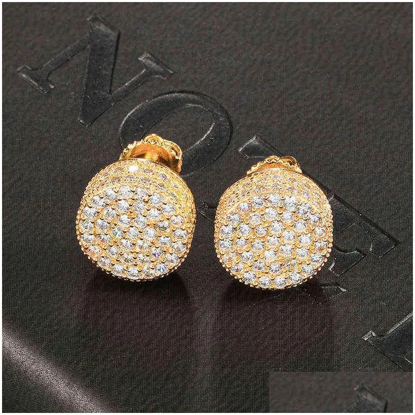 hip hop 1pair micro full paved round zircon cz stone bling iced out stud earring copper earrings for men jewelry 220125