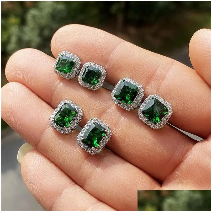 choucong stunninjg simple fashion jewelry 925 sterling silver princess cut emerald cz diamond gemstones women wedding stud earring