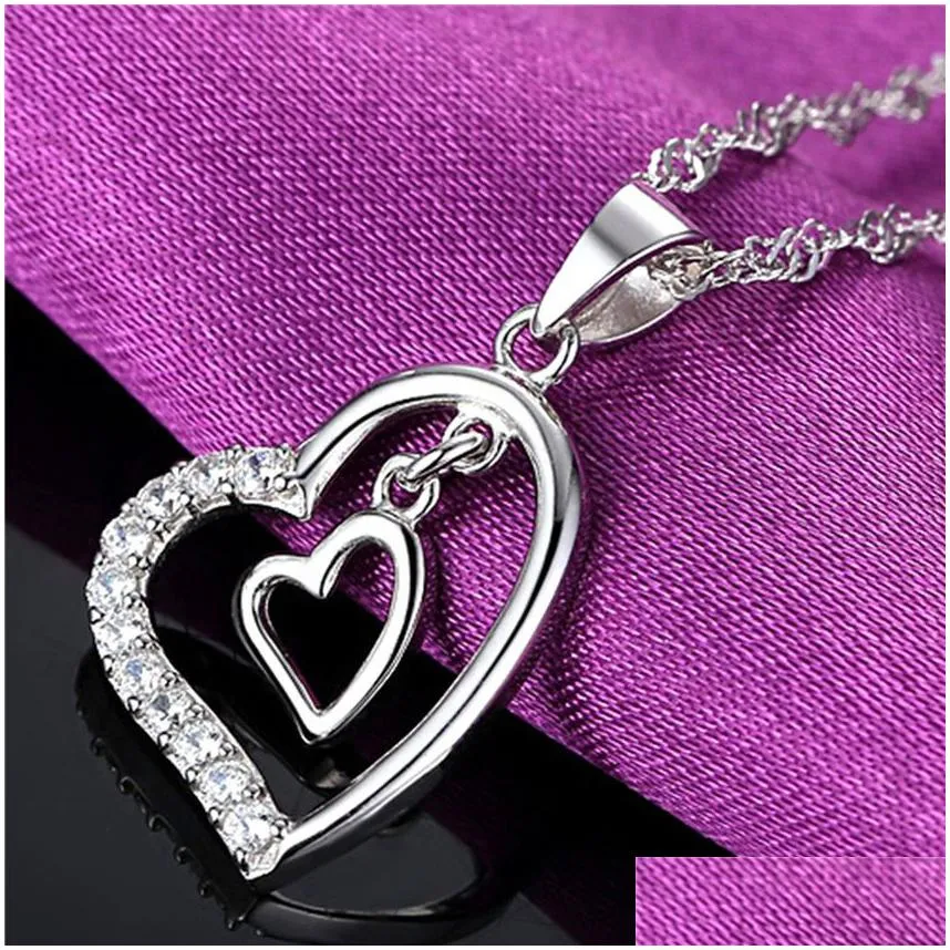 fashion diamond heart necklace double hearts pendant necklaces chain women children jewelry engagement wed gift will and sandy