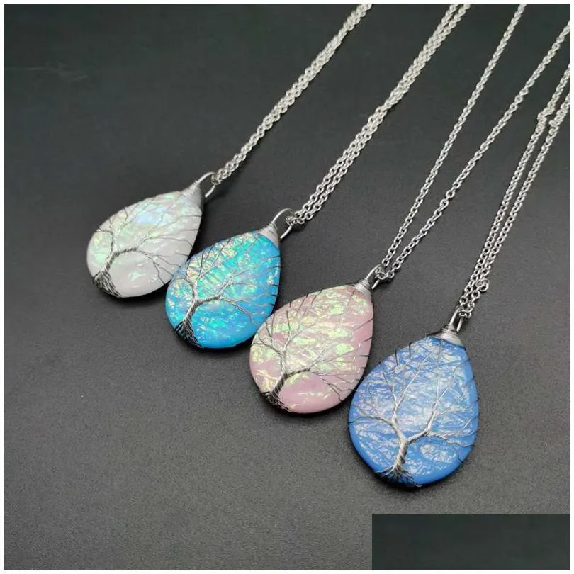 copper wire winding water drop tree of life necklace color changing ripple power stone necklaces hip hop jewelry