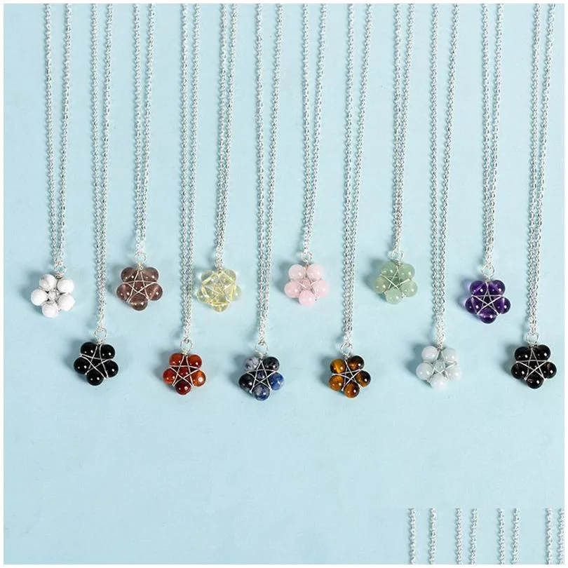 natural crystal rough round beads stone necklace star beaded flower gemstone pendants necklace for women