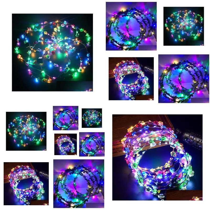 2021 selling led headband lights glow strings flower crown headbands light up hair wreath hairband garlands women christmas