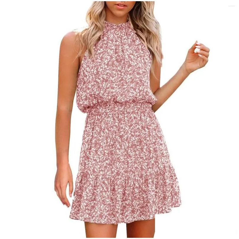 casual dresses summer mini dress boho style halter floral print women elegant party sleveless short ladies vestidos