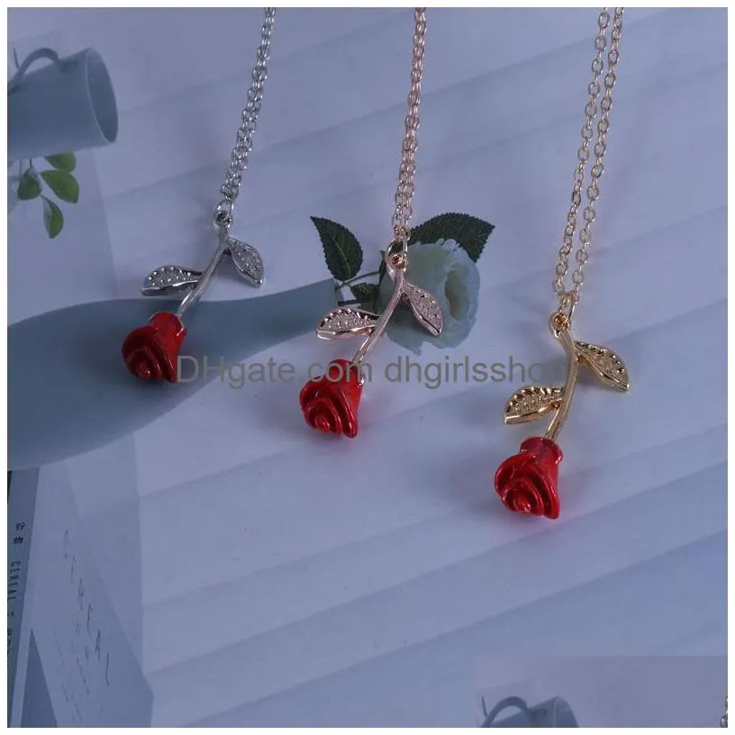 romantic red rose pendant necklace valentines day gift fashion necklaces for girlfriend designer women jewelry accessories